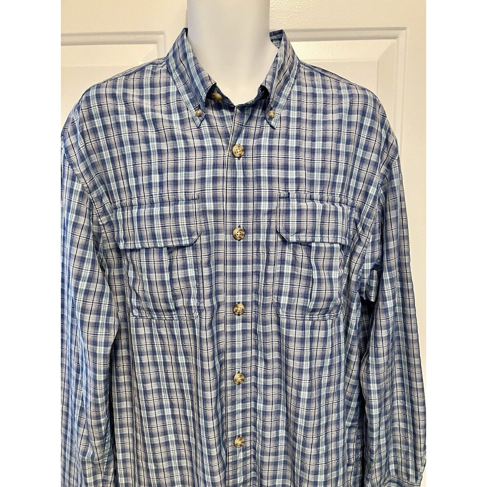 Duluth Trading Co Men's Button Up Shirt Size L Blue Plaid Long Sleeve Pockets